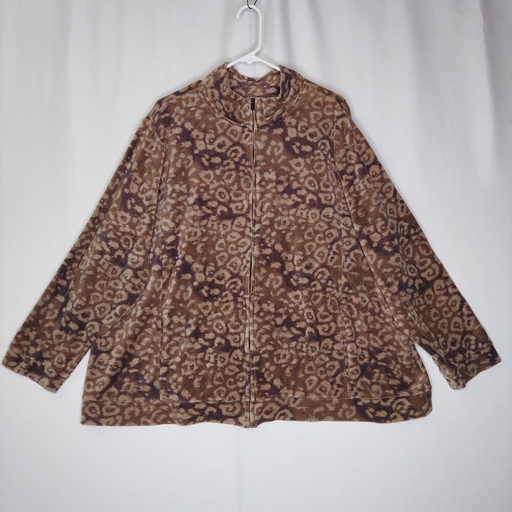 Basic Editions Velour Sweatshirt Jacket Women 3X Brown Purple Animal Zip Y2K 00s